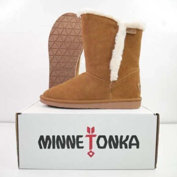 Minnetonka Shearling Suede Slip On Short Boots Women's Size 6 Chestnut Brown NEW - Picture 2 of 7